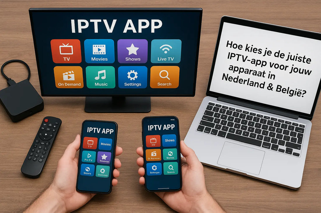 IPTV-app kiezen in Nederland en België – flatlay met smart-tv, Android-box, afstandsbediening, laptop en smartphones met IPTV-apps.